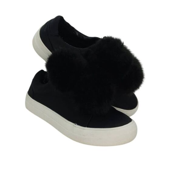 Mossimo Designer Women's Pre-owned Black Puff Fur Ball Satin Sneakers- sz. 7 1/2 - Picture 1 of 6
